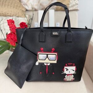 Karl Lagerfeld Black Novelty cat Robot Tote Quirky Motif Zip Pouc-Read Descripti